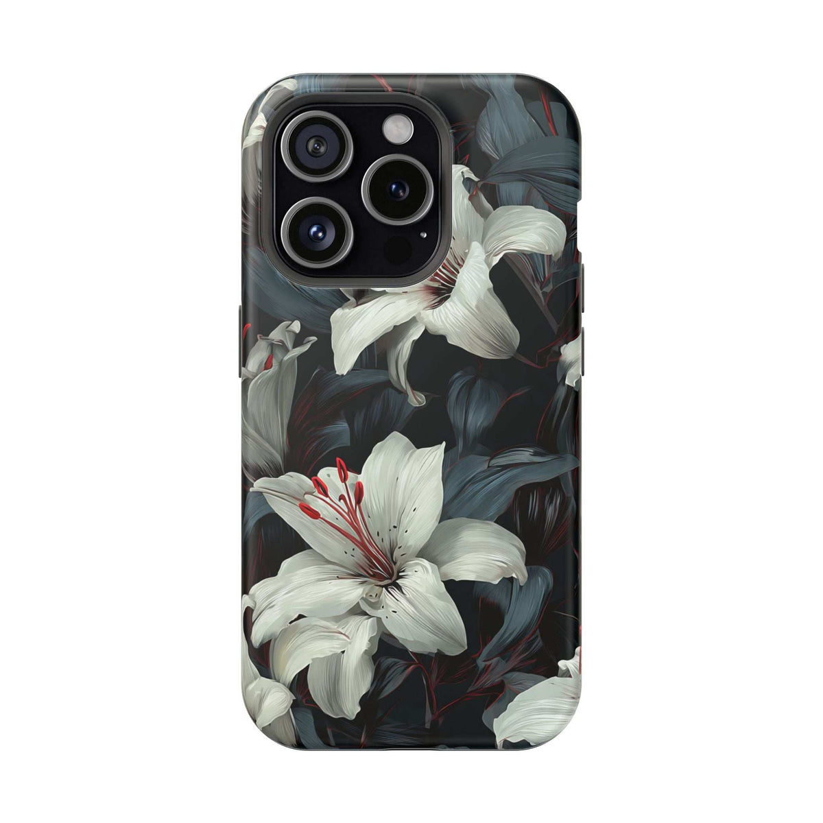 iPhone phone case featuring white lilies and dark leaf pattern with side grip cutouts