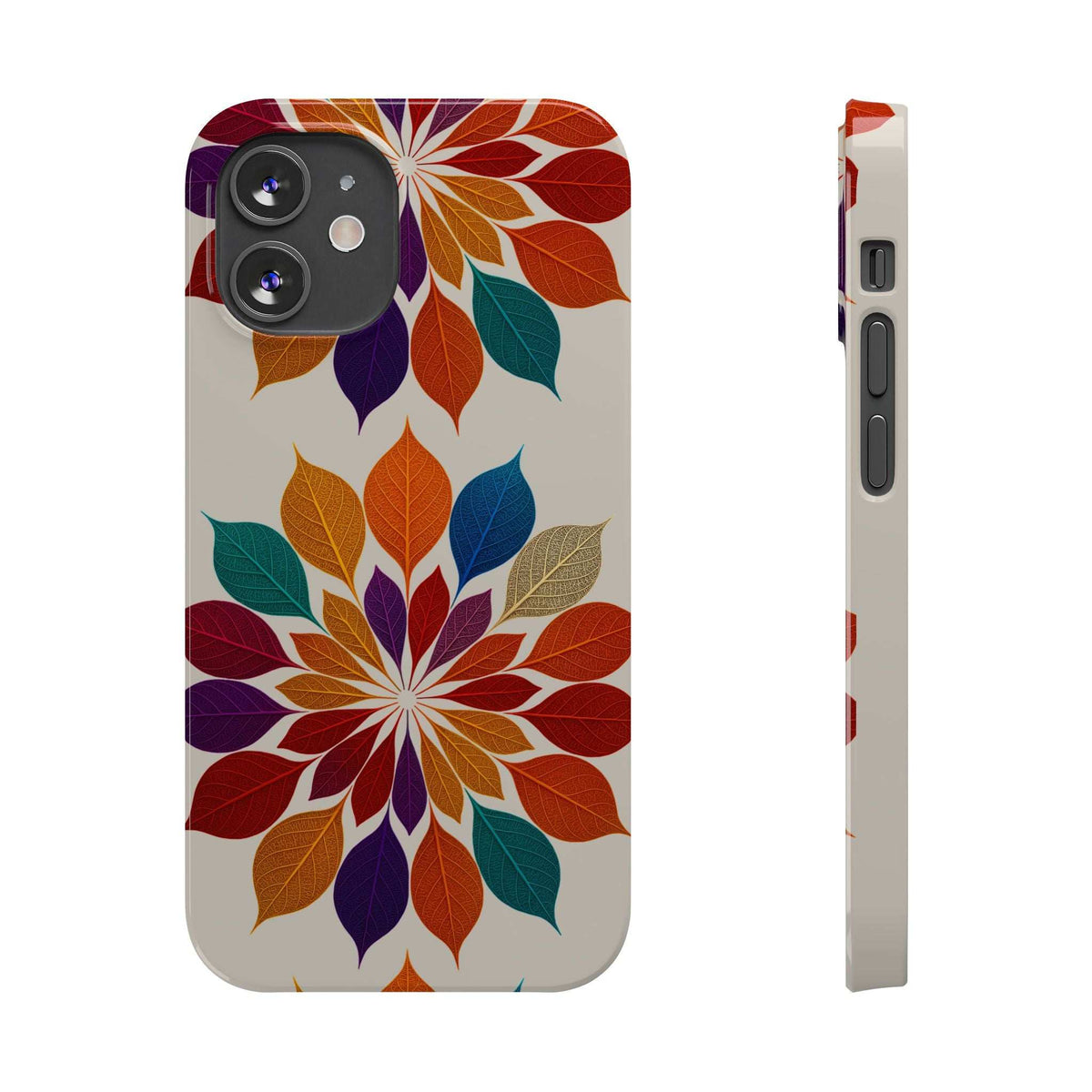 Leaf mandala phone case with multicolor floral leaves and camera cutout for iPhone 11-17
