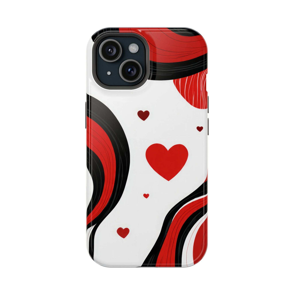 Glossy phone case front view with red heart and swirl pattern, camera cutouts