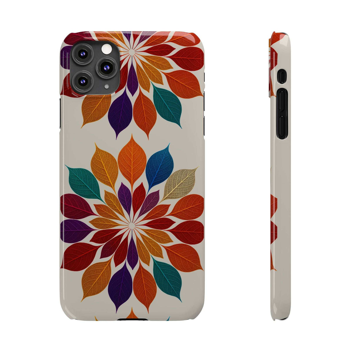 Leaf mandala phone case for iPhone 11-17, front view with camera cutouts and colorful leaf artwork