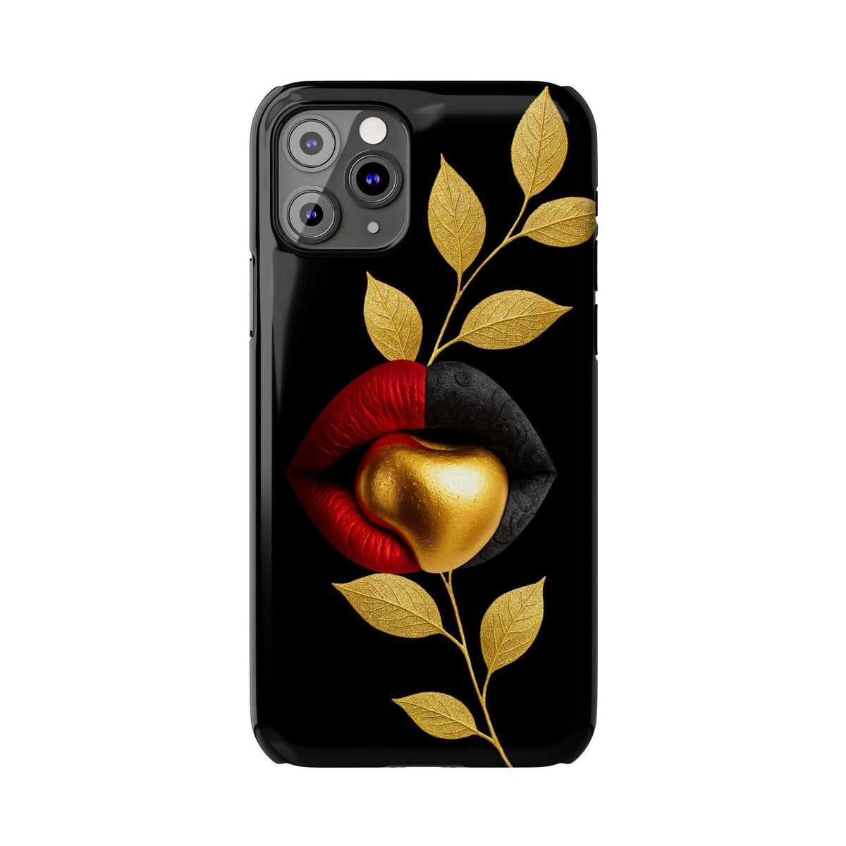 Black phone case with gold leaves, red lips, and gold heart design; cutouts for cameras