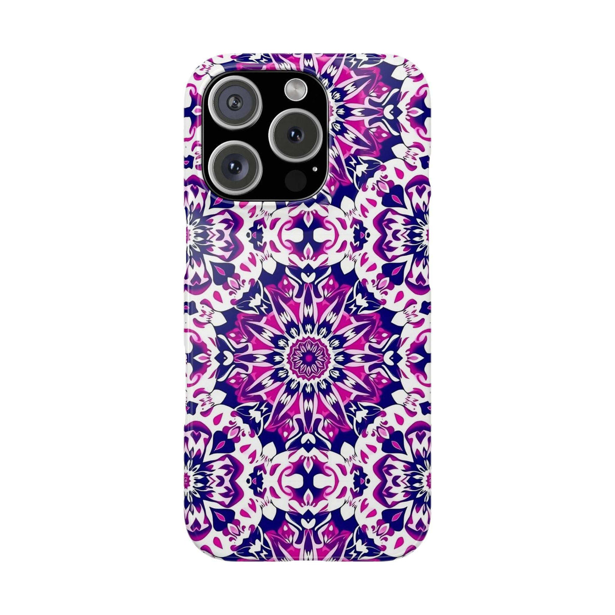 Phone case showing purple, pink, and white mandala floral print with camera openings.