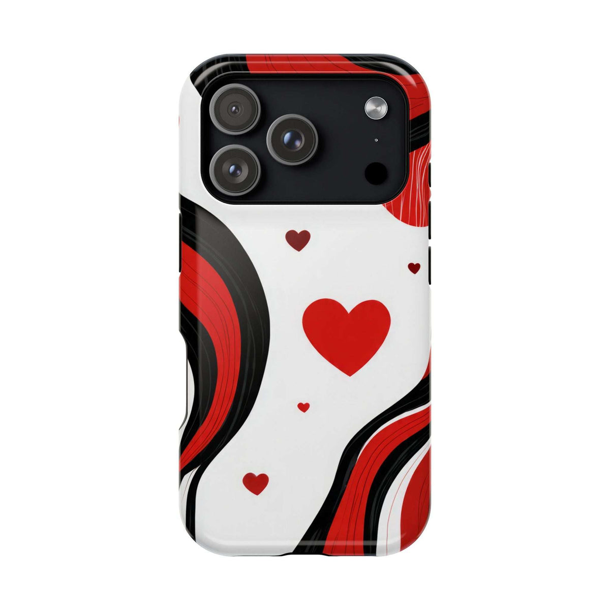 Glossy phone case with white base, red hearts, and red/black swirl around camera cutout