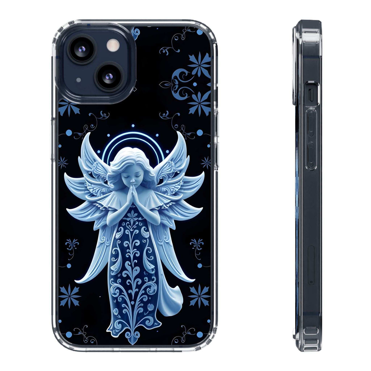 Phone case showing blue angel prayer artwork with clear protective bumper sides