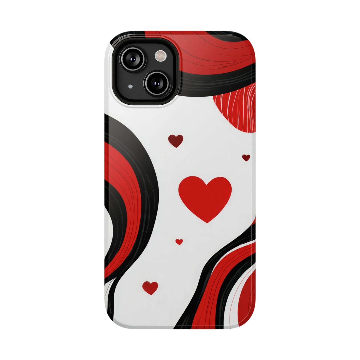 Glossy phone case with red heart pattern and black/red swirls, camera cutout on top left