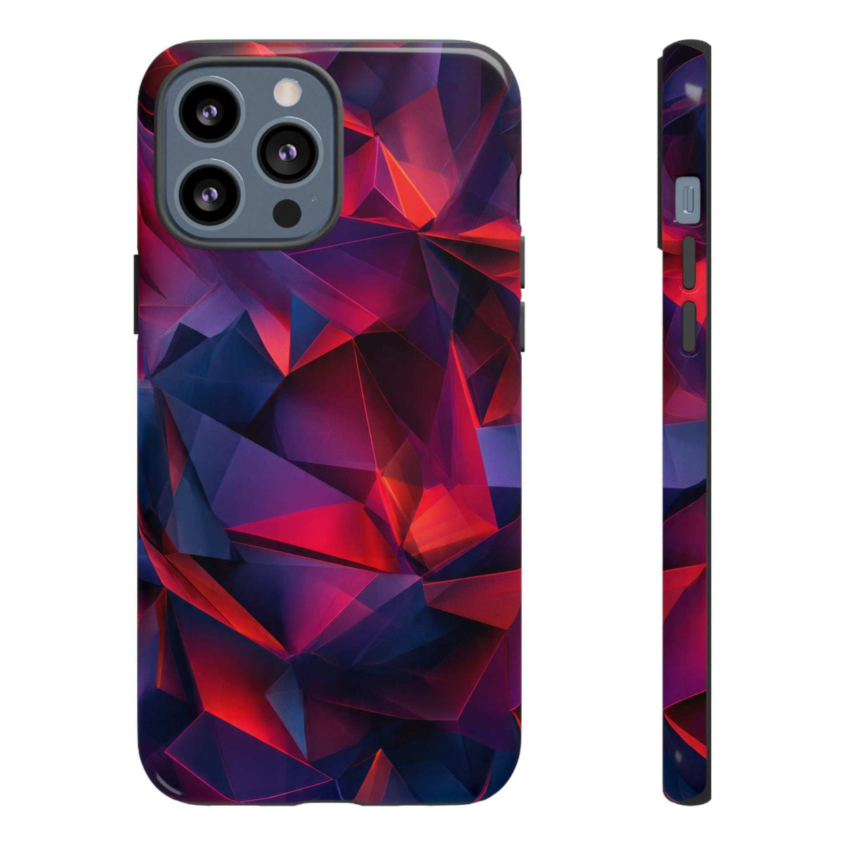 Glossy phone case with red and blue crystalline prism design, camera lens openings.