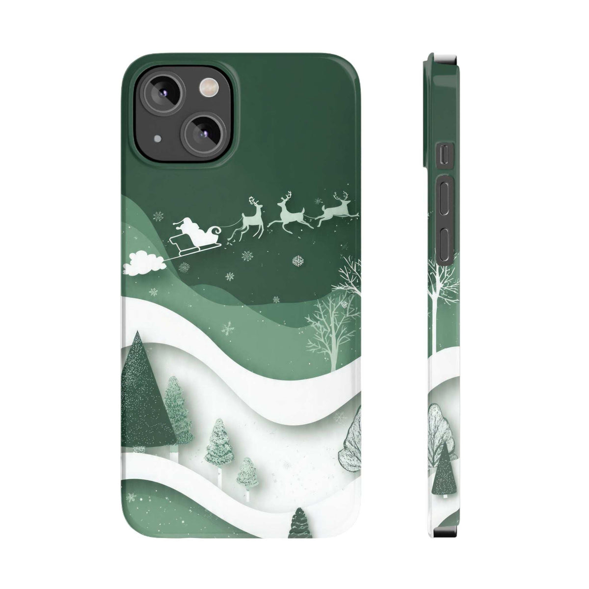 Green phone case with Santa sleigh and reindeer over snowy hills, front and side