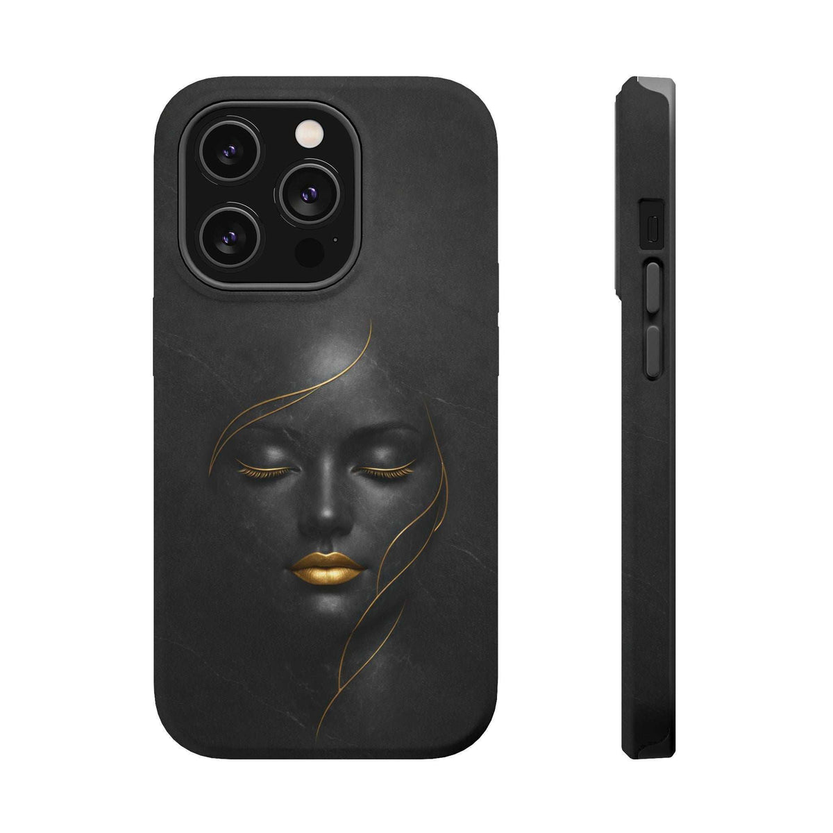 Black phone case with gold closed-eye face artwork; side view highlights control buttons.
