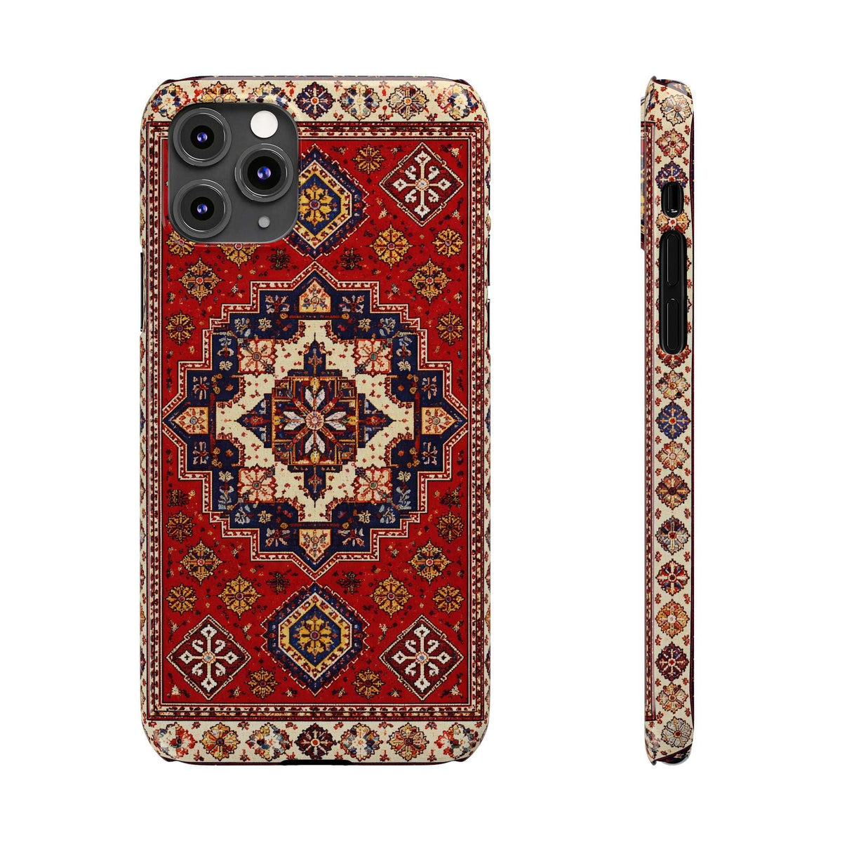 Red ornamental patterned phone case with front camera openings and matching side view.