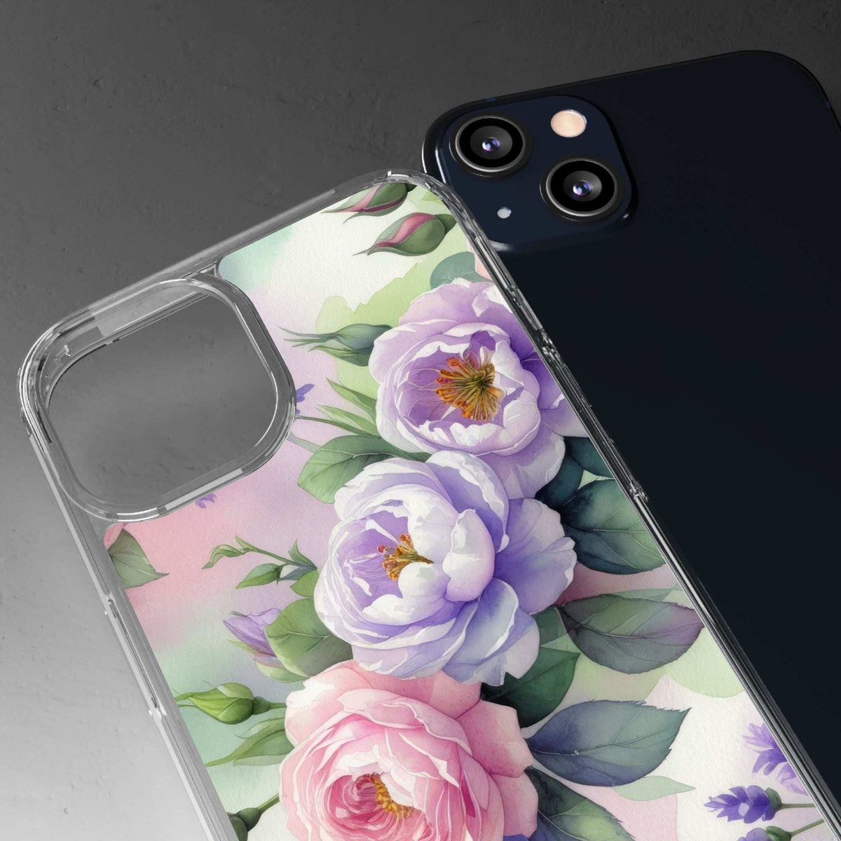 Clear floral phone case close-up with purple peonies and pink roses, transparent frame