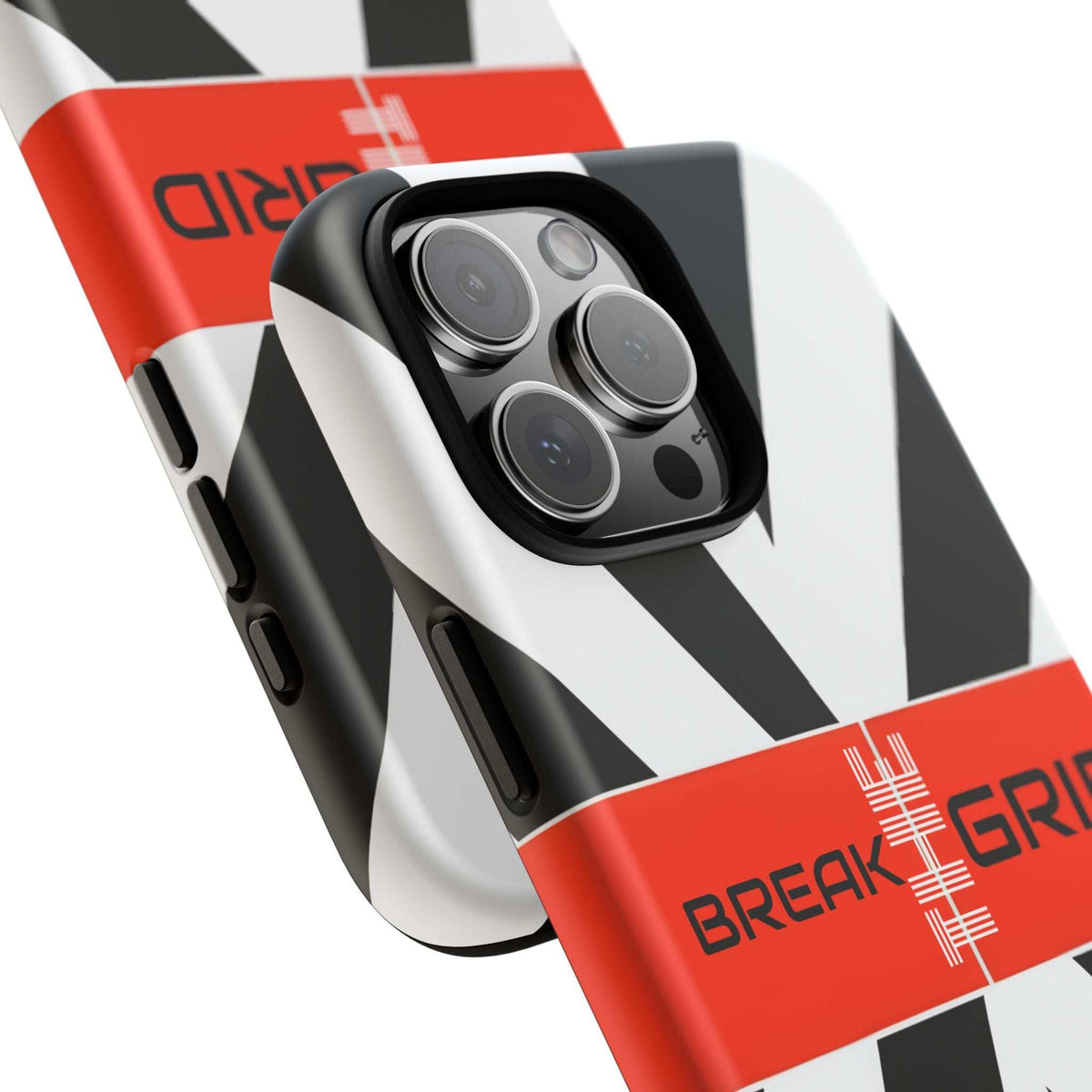Break Grid phone case close-up angled, camera cutouts with black-and-white stripes and orange band