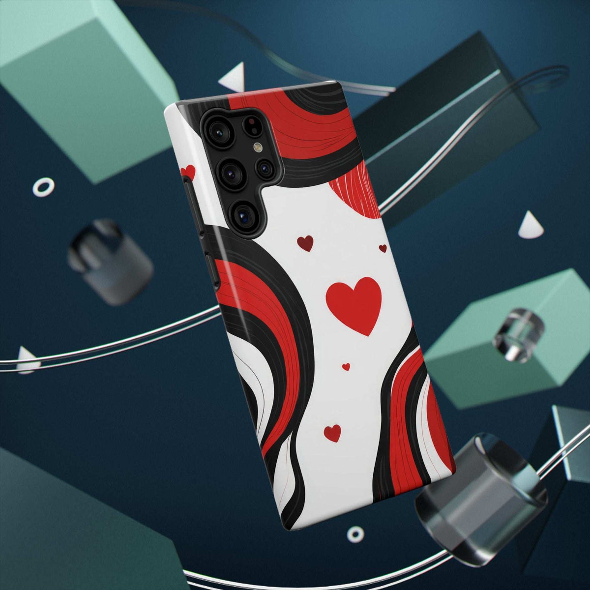 Back view of red, black, and white swirl heart phone case with triple camera cutouts