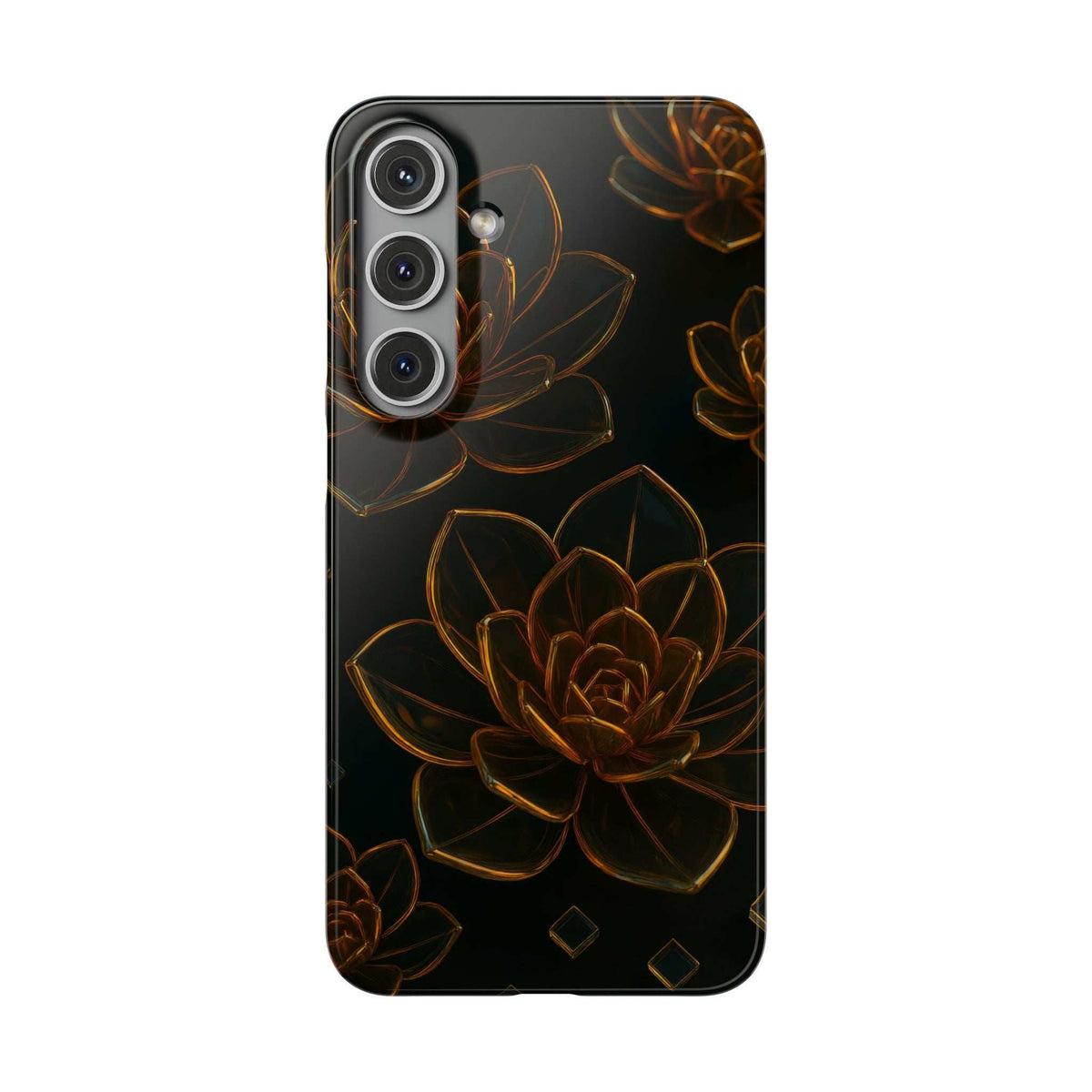 Glossy black glass phone case with gold-brown flower illustration and triple camera openings