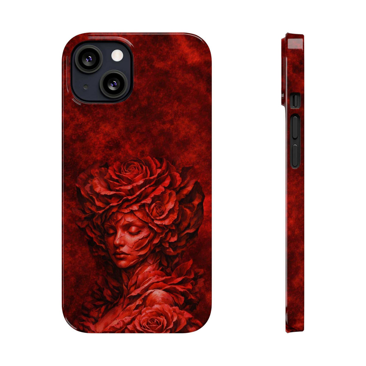Red slim iPhone case with rose-and-woman face artwork; front camera cutouts and thin side.