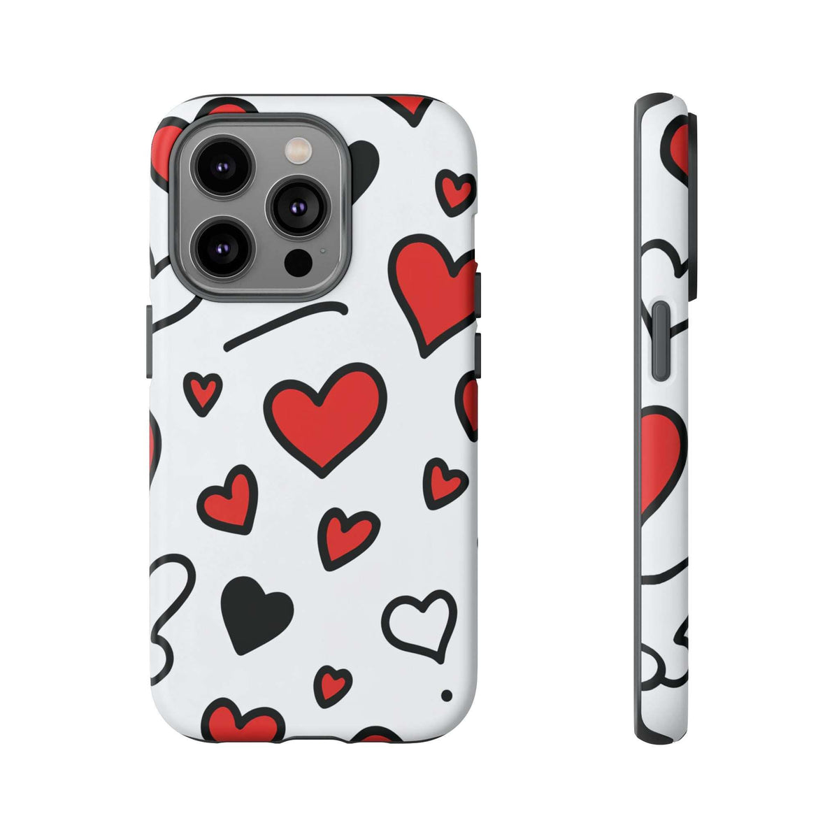 Scattered hearts phone case in white with red, black, and outline heart shapes, side view
