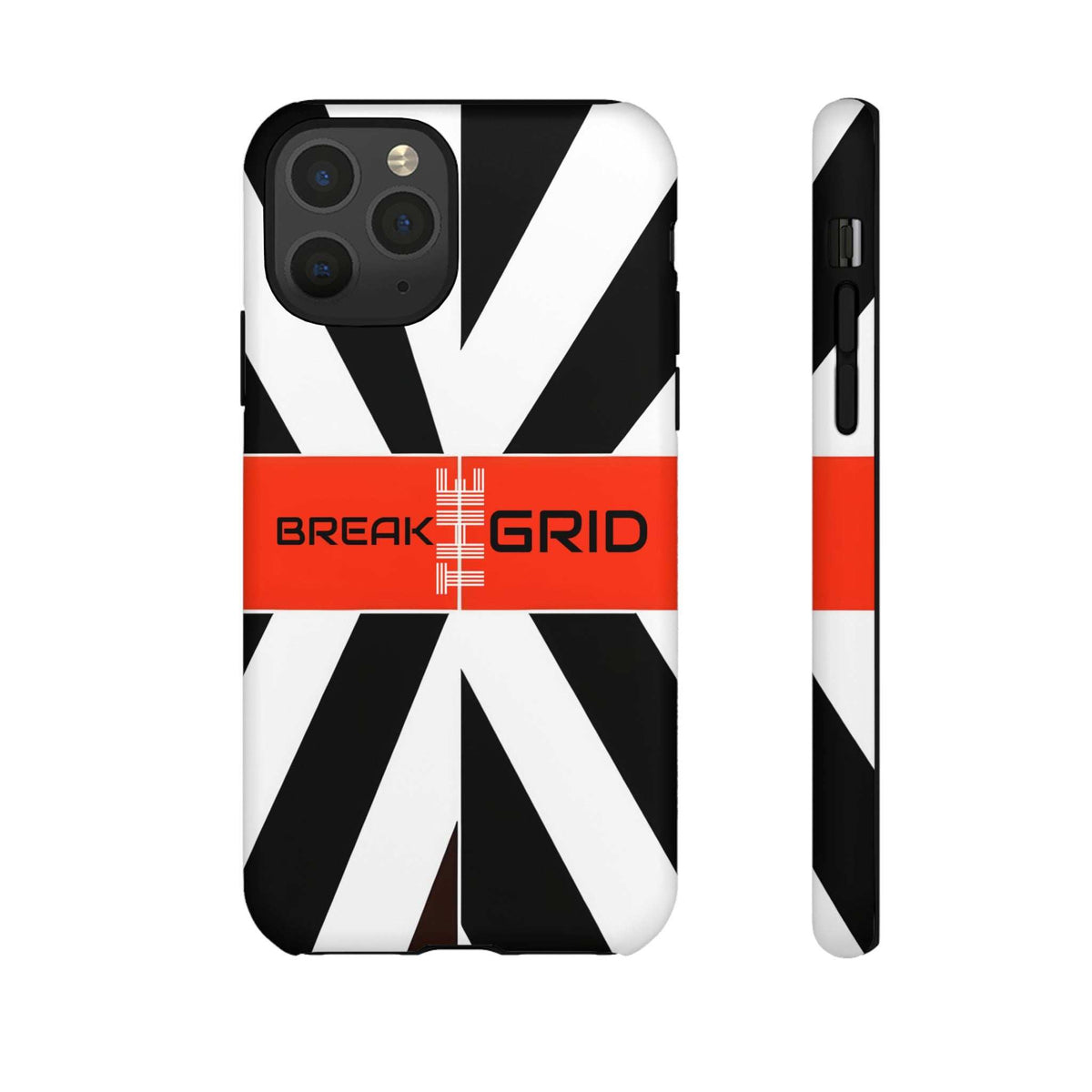 Phone case with black-and-white geometric stripes, red "Break Grid" band, front and side view.