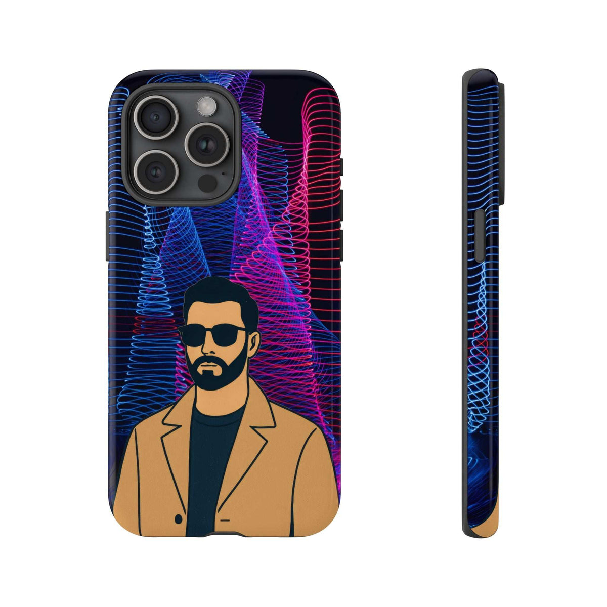 Glossy phone case with bearded man graphic, neon blue/pink lines, and quad camera cutouts.