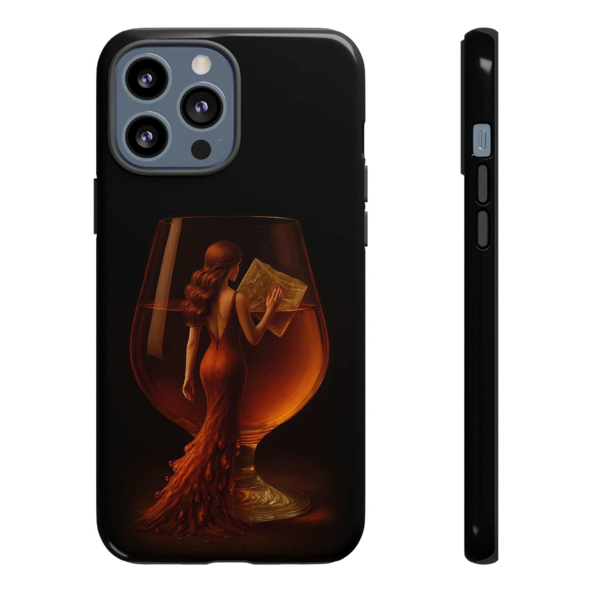 Glossy black phone case with figure and goblet art; camera lenses and side button opening