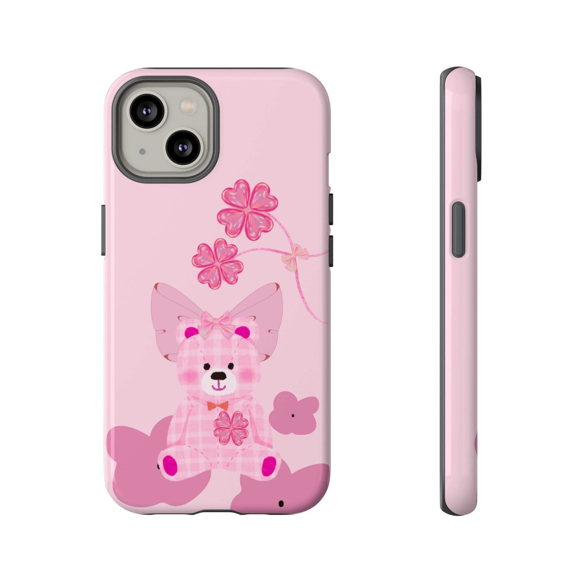 Pink teddy bear phone case with flower accents; back view with camera cutout.