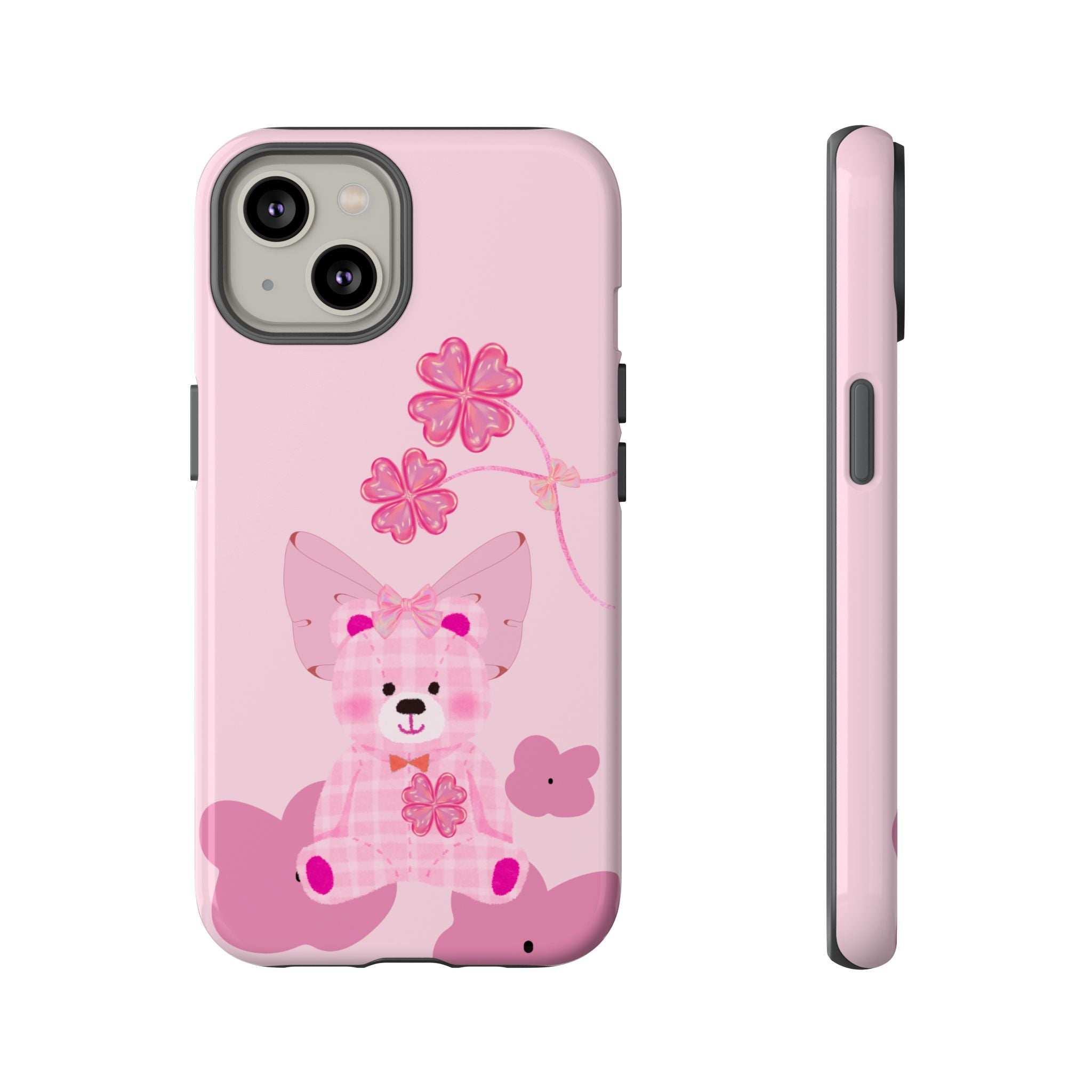 Pink teddy bear phone case with flower accents; back view with camera cutout.