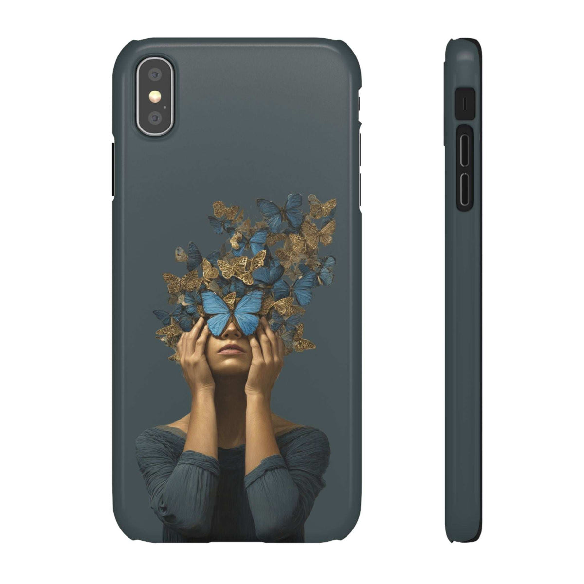 Dark gray phone case with butterfly face artwork and camera cutout on the upper left