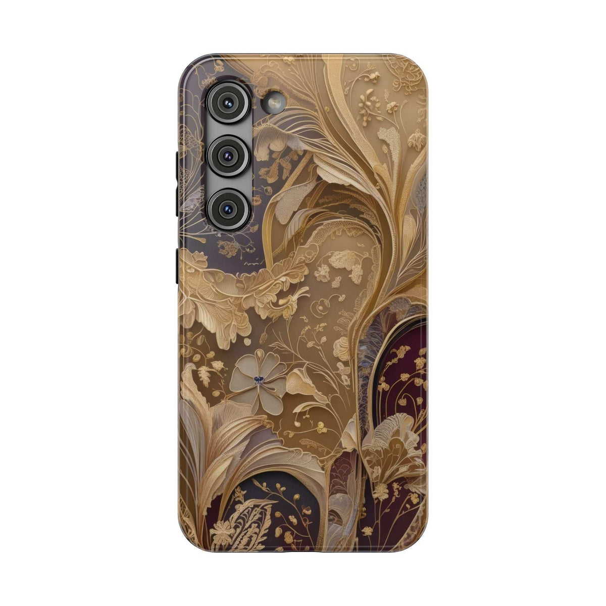 Tan and gold botanical phone case with butterfly and floral details plus side button cutout
