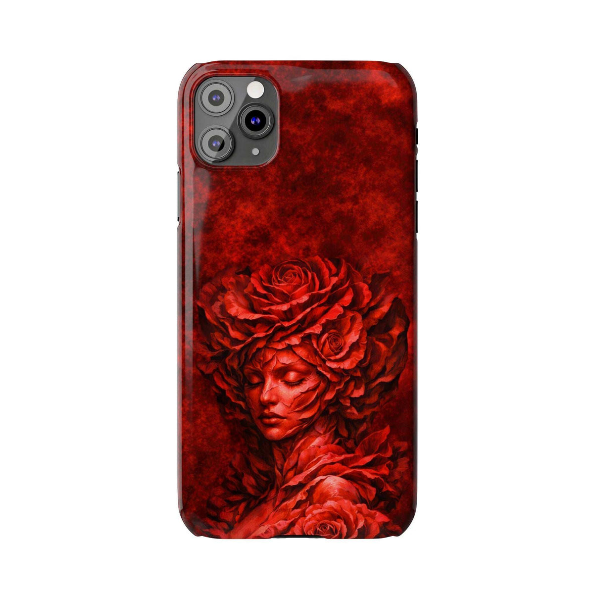 Slim red phone case featuring rose and angel portrait with multi-camera cutout