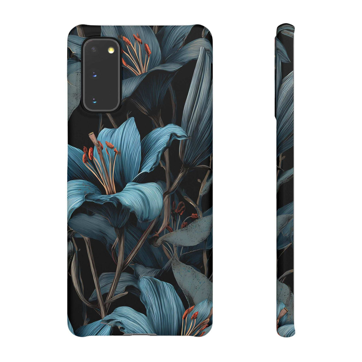 Blue and teal floral phone case with cutouts for cameras and ports, dark background.