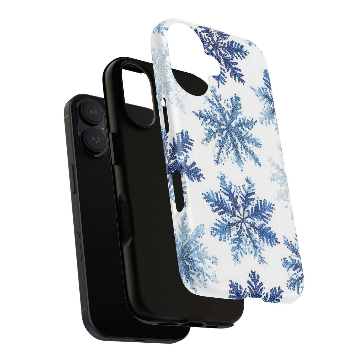 Snowflake phone case showing blue snowflakes on white with raised camera openings