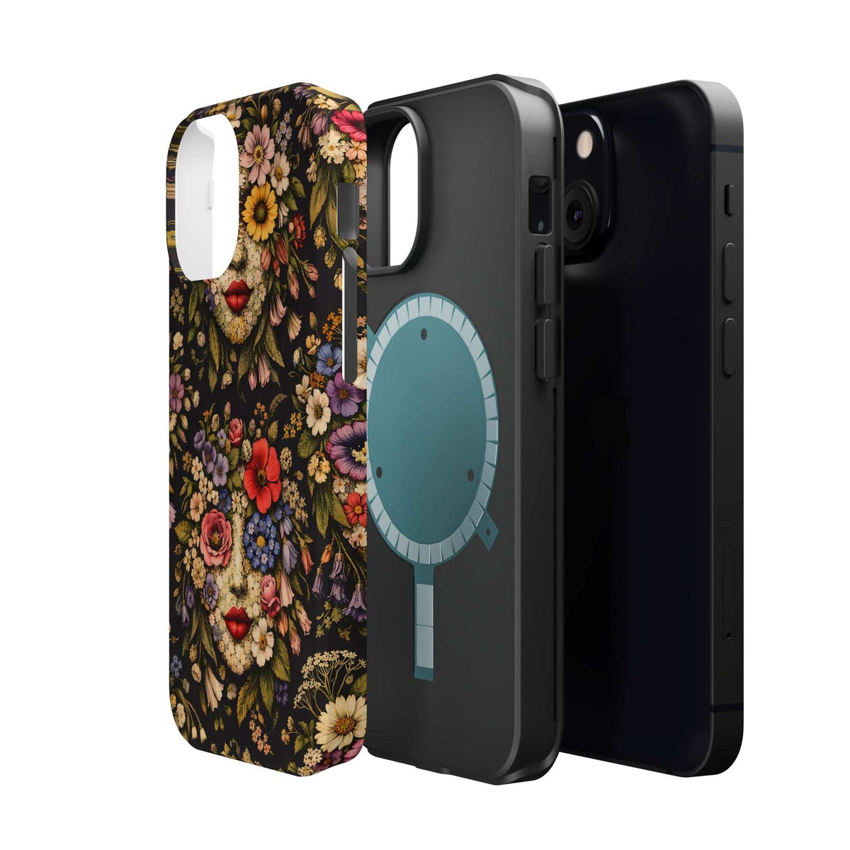 Vintage floral face phone case with dark background; side profile with cutouts visible