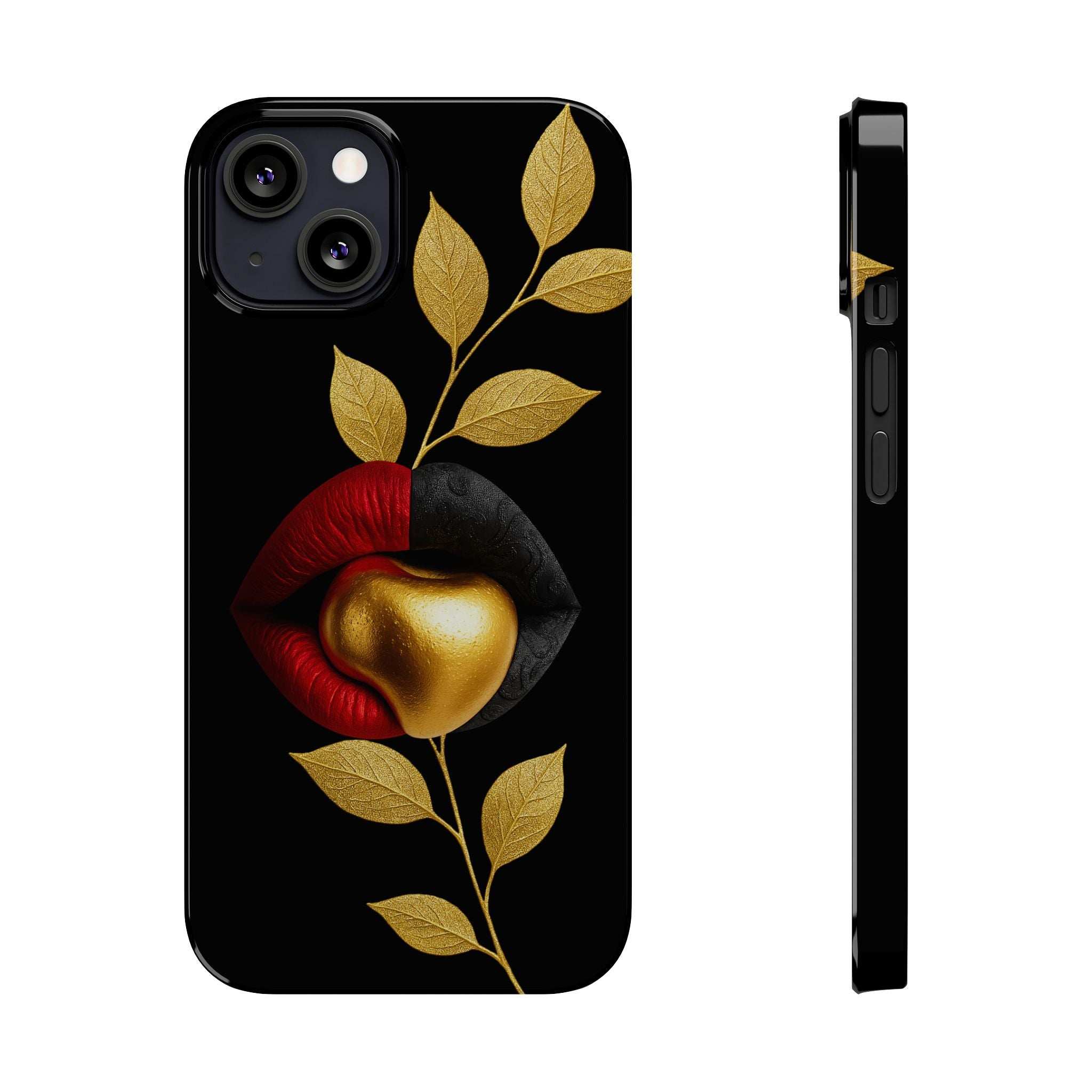 Black iPhone phone case with gold leaf details and red lips; sleek side profile
