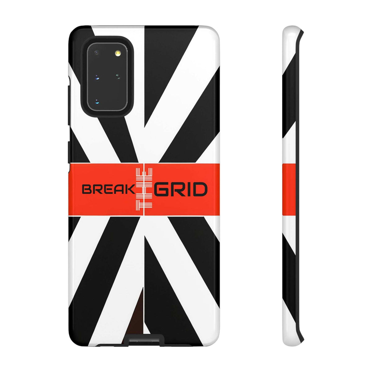 Phone case front with black-and-white stripes and orange center band, slim profile