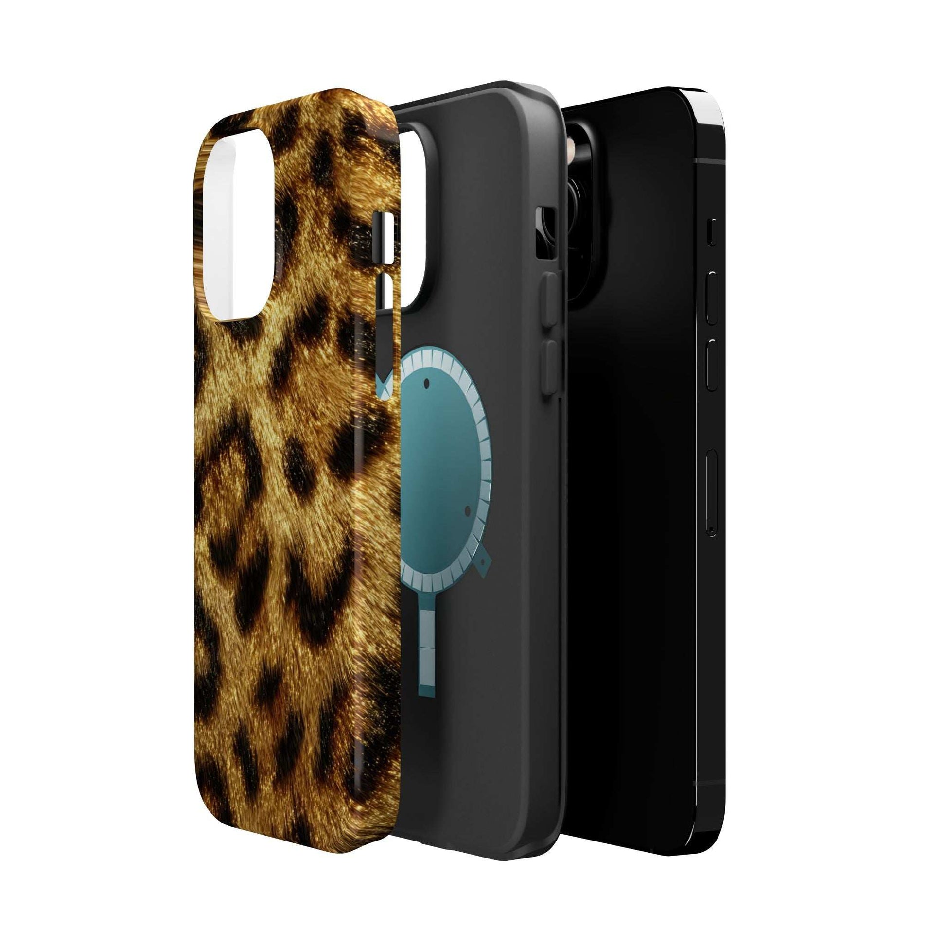 Leopard print glossy phone case showing side buttons and grip edges, tan with dark spots.