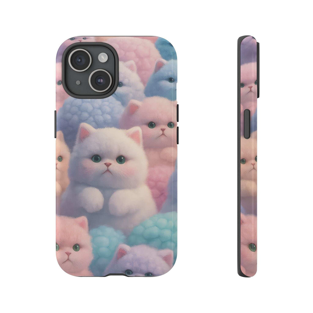 Pastel kitten phone case back view, glossy shell with blue and pink cat print