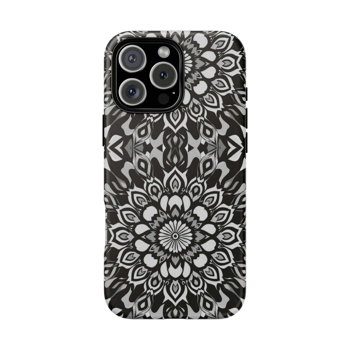 Phone case with symmetrical mandala floral print in black and white and camera cutouts