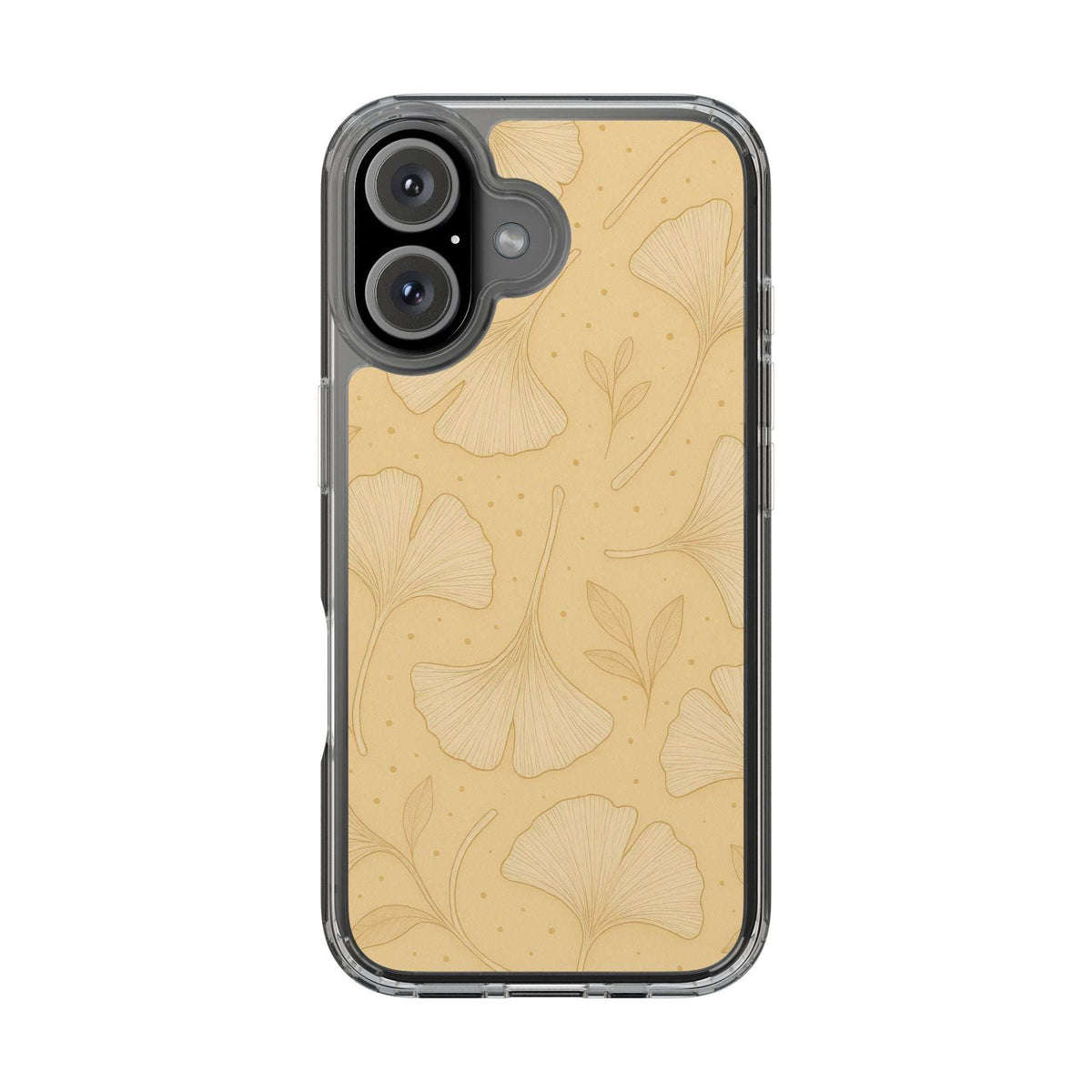 Phone case with tan ginkgo floral pattern and clear border; front view with camera cutouts.