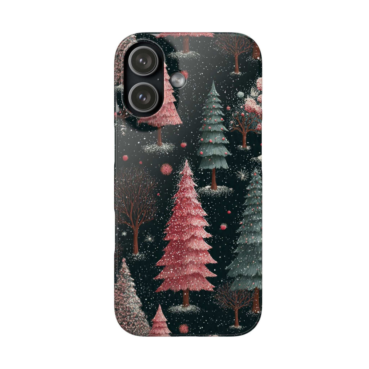 Glossy phone case showing a winter forest with pink tree and snowy sparkle pattern.