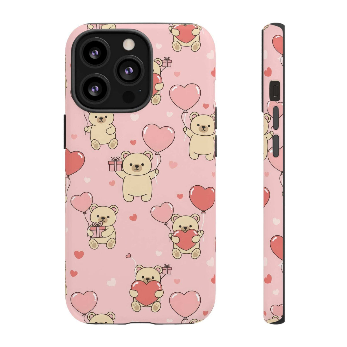 Pink teddy bear phone case with heart pattern, front view with camera and flash cutouts
