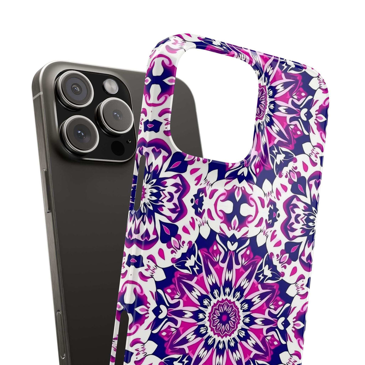 Phone case side view with purple, pink, and white mandala floral pattern.