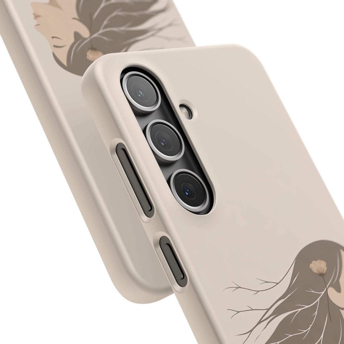 Cream phone case with woman outline, raised triple camera cutouts and side button slots.