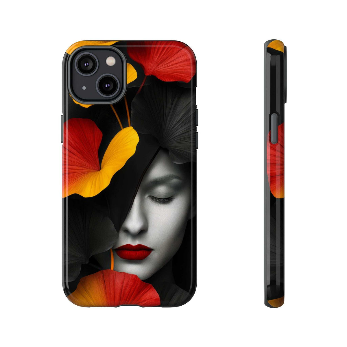 Glossy phone case with red and yellow flower art and woman's face for iPhone/Samsung