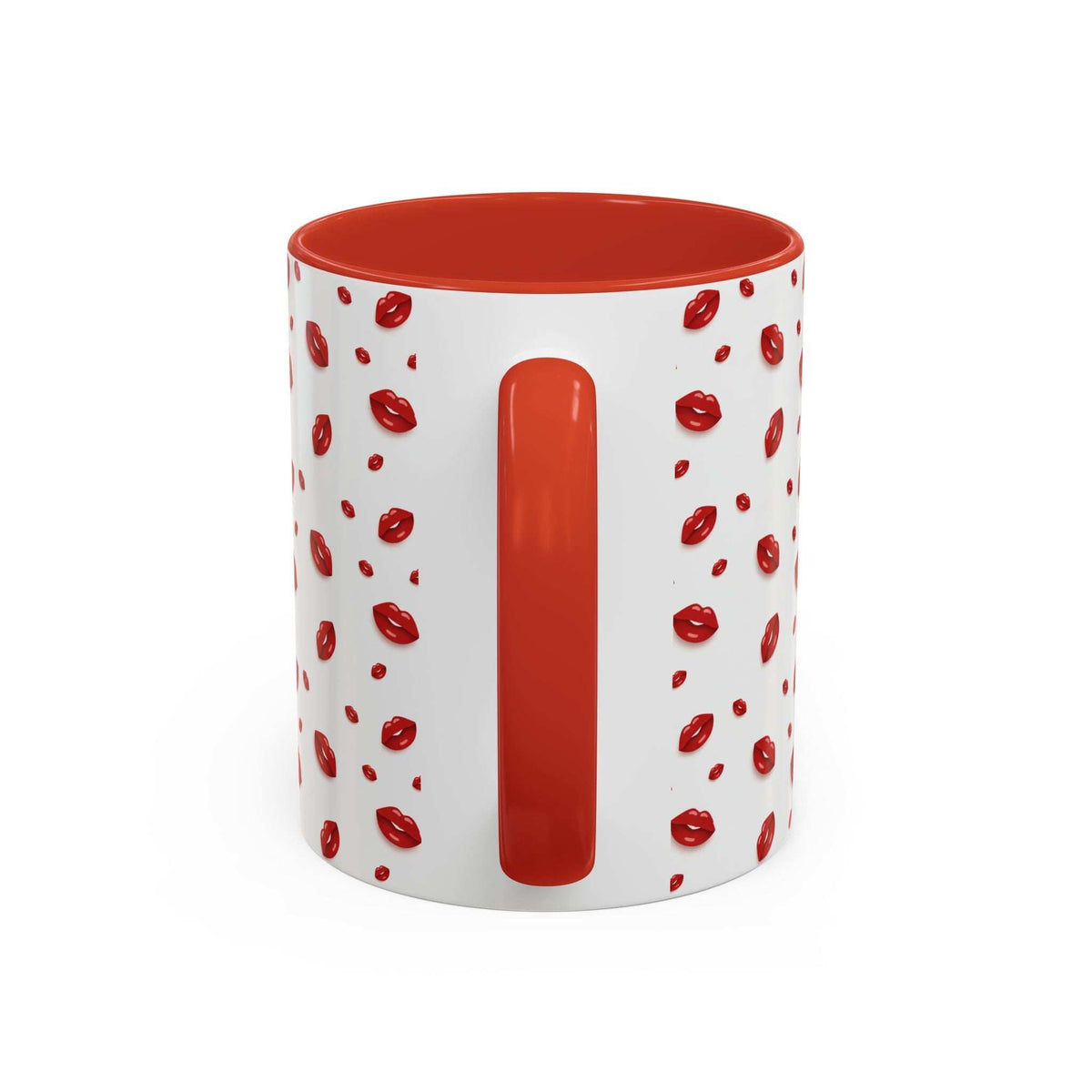 Accent coffee mug with hot lips pattern and tall orange lip panel, orange rim