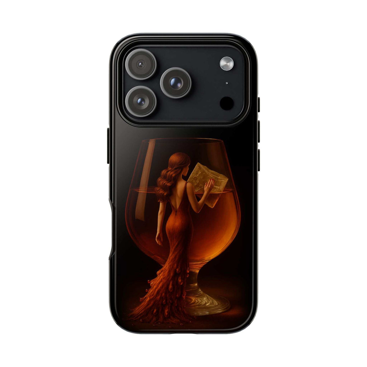Black glossy phone case with woman holding letter illustration and camera cutouts