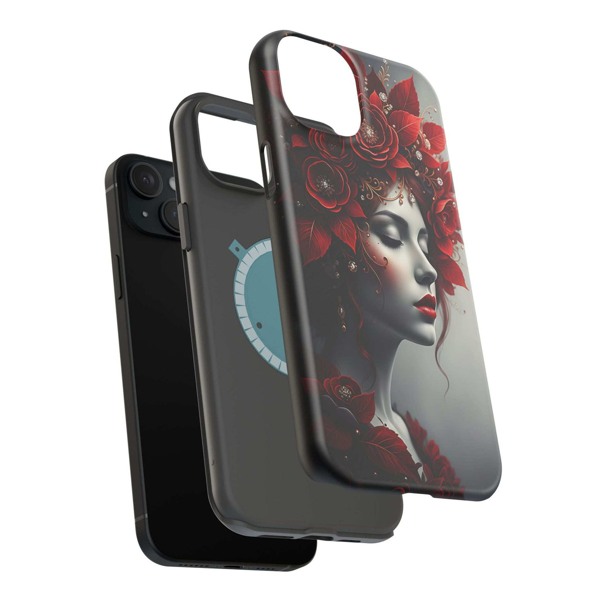 Red floral portrait phone case with woman face graphic, slim black frame and bezel.