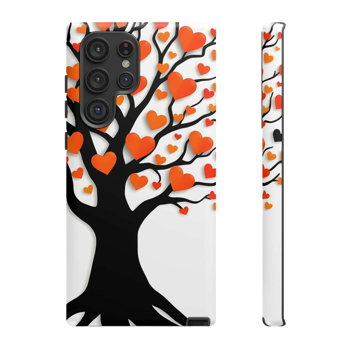 Phone case with heart tree pattern, orange hearts, and side camera housing opening