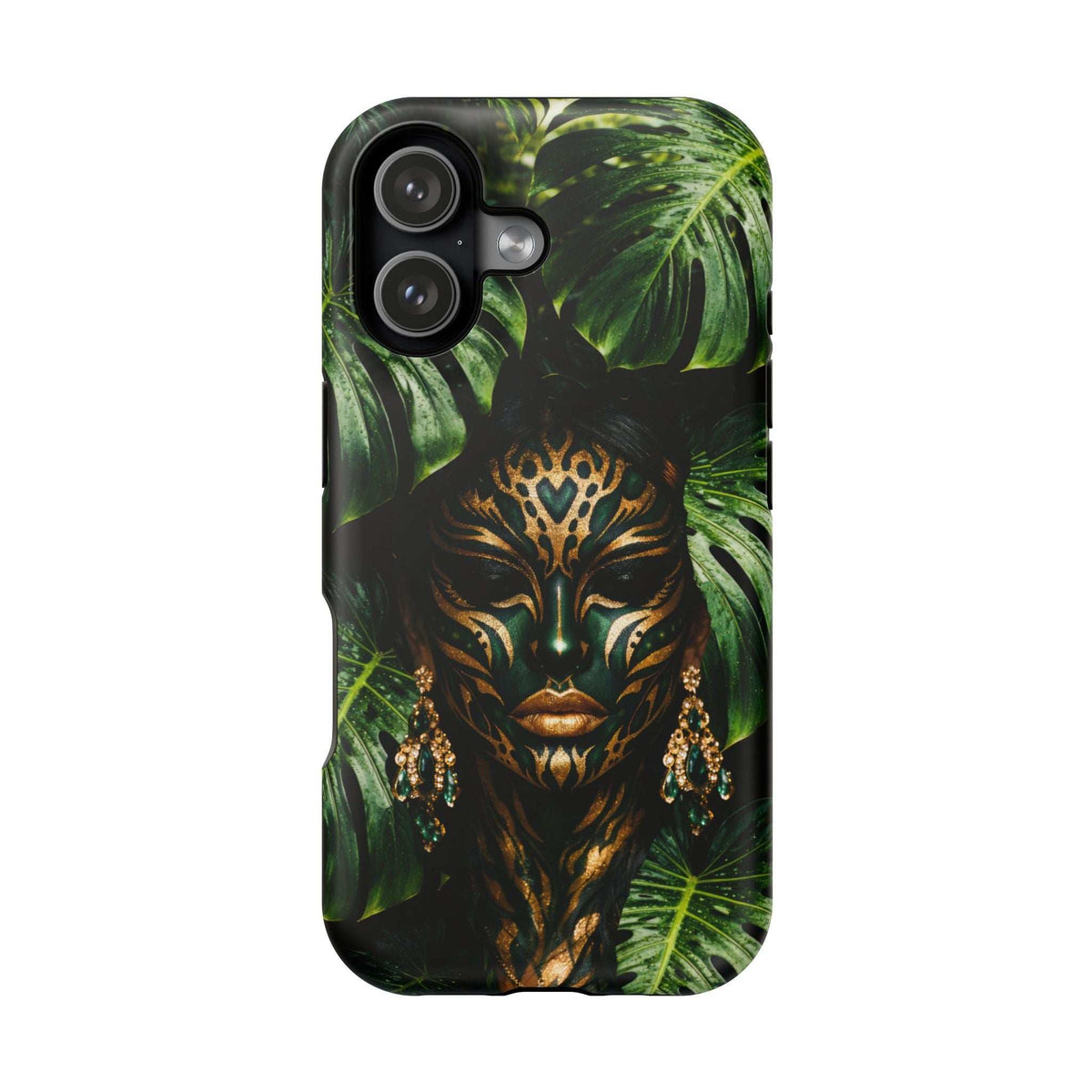 Phone case with jungle spirit face and green tropical leaves, triple camera cutouts visible