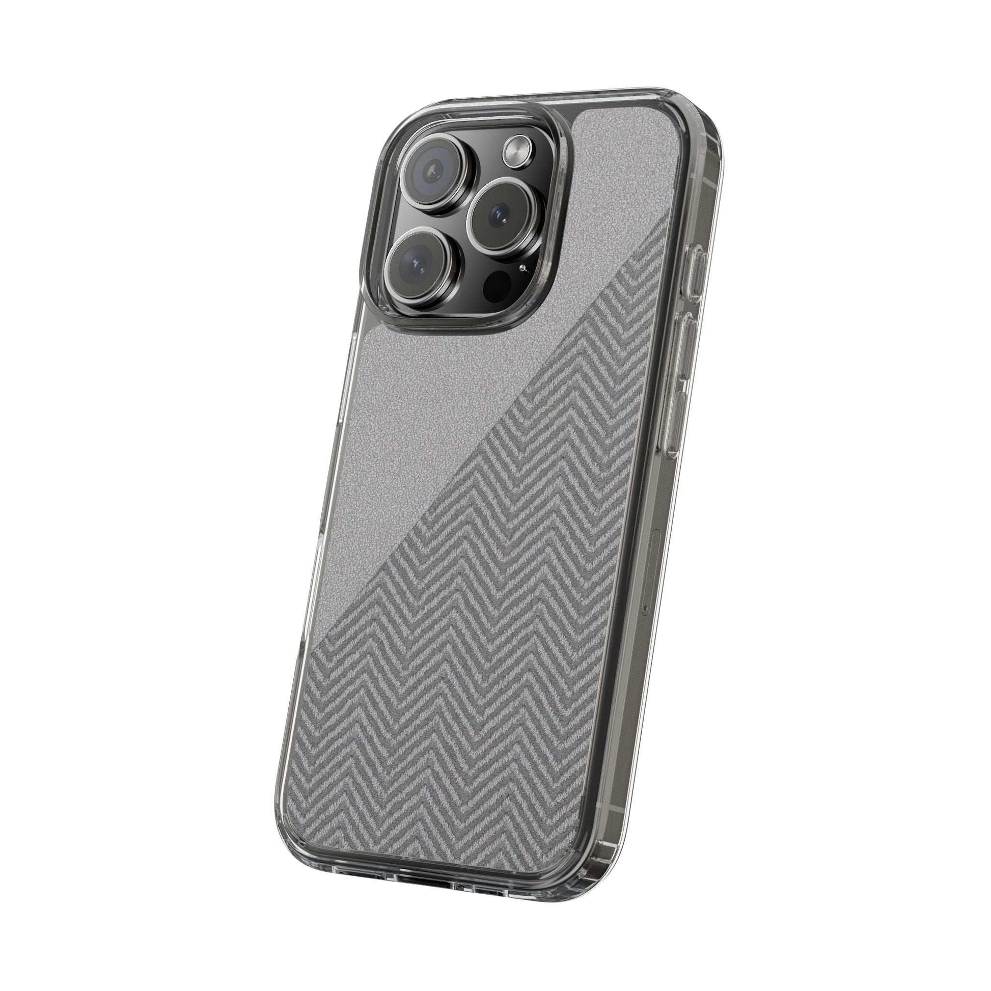 Dark herringbone tough phone case with diagonal herringbone pattern on speckled gray back
