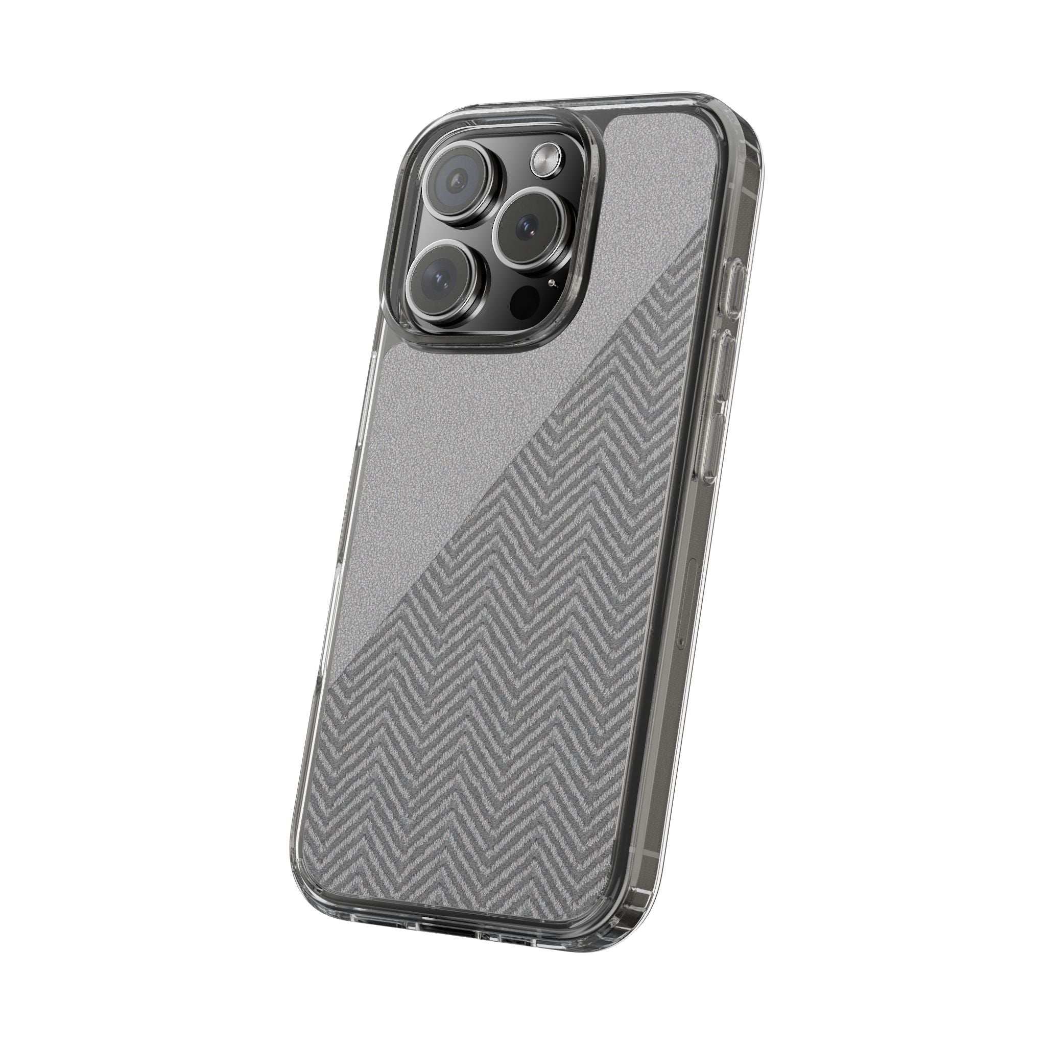 Dark herringbone tough phone case with diagonal herringbone pattern on speckled gray back