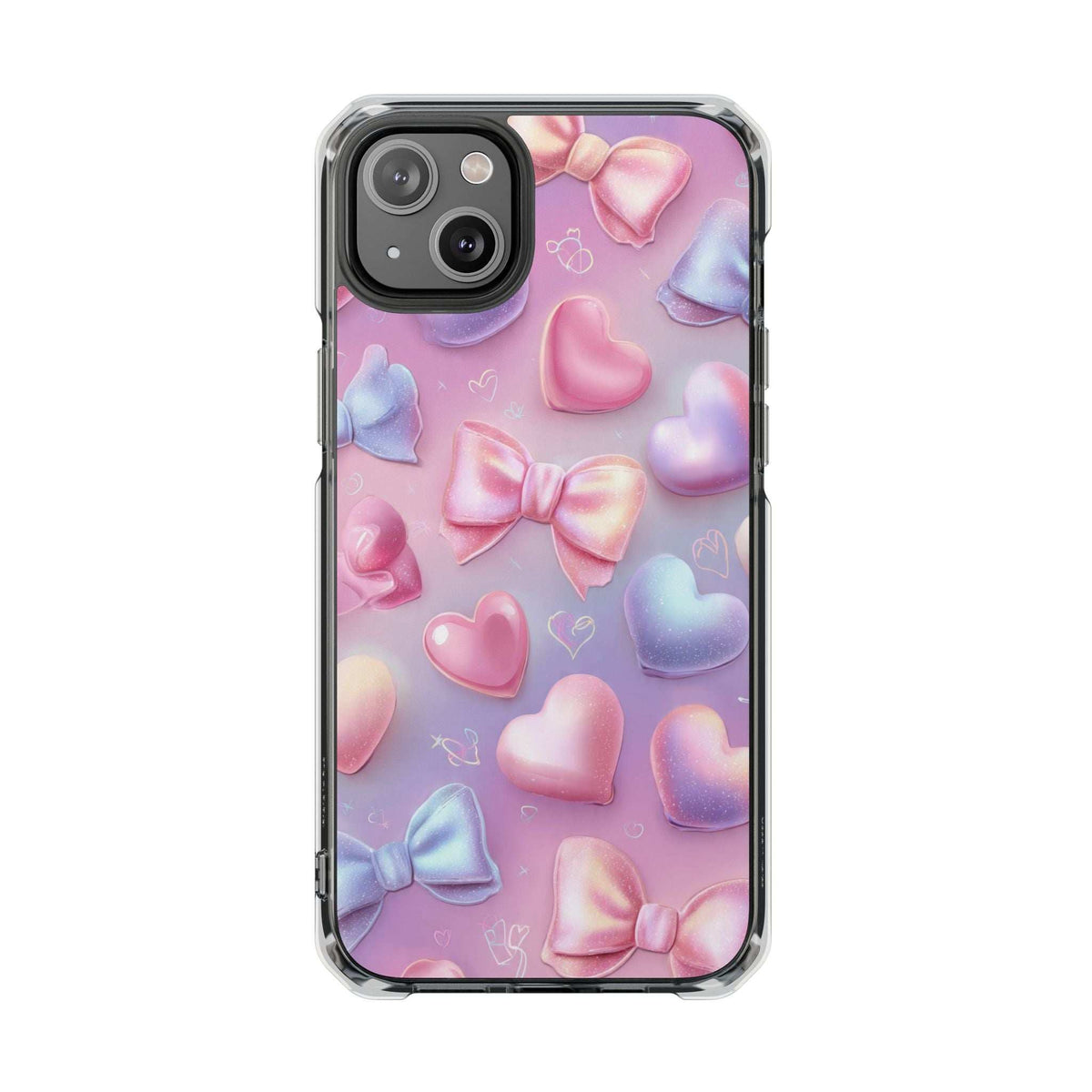Transparent phone case featuring pastel hearts, bows, and tiny sparkles; camera cutout