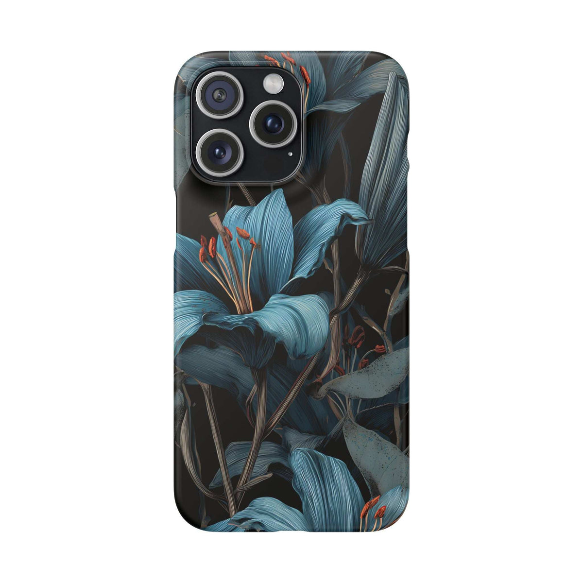 Blue and teal floral phone case with triple-camera cutout and raised camera area